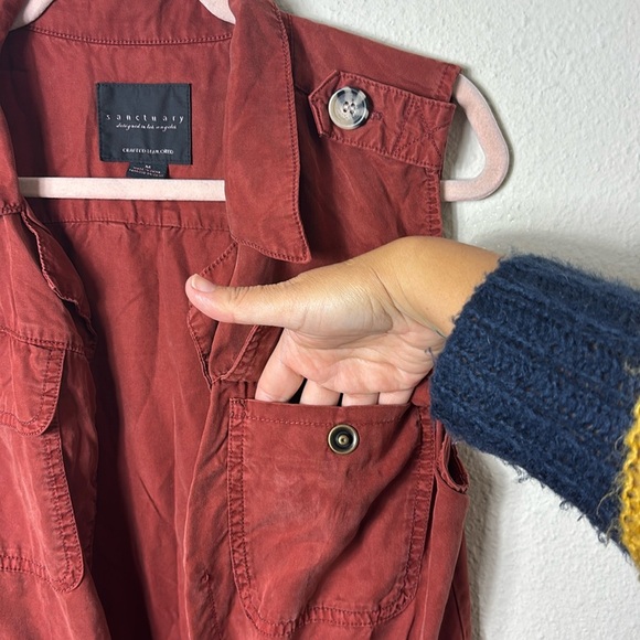 Sanctuary Lyocell Vest Open Front Tie Waist Rust Red Cargo Vest Sz Medium - Picture 10 of 15